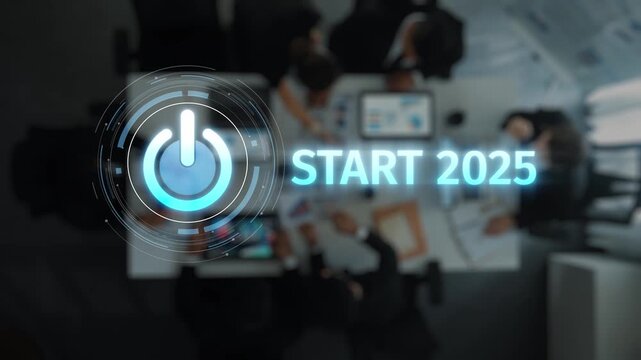 Aerial view of a business meeting with a power button symbol representing innovation and new beginnings in 2025, emphasizing teamwork and strategic planning. Raster
