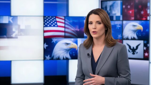 Studio host delivers serious political updates with patriotic graphics
