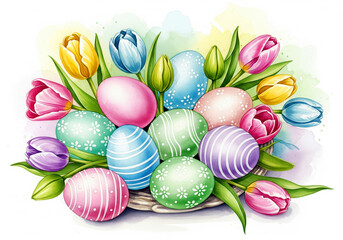 Fototapeta premium Serene arrangement of soft pastel Easter eggs and spring tulips watercolor illustration for tranquility