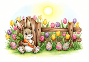 Obraz premium Adorable Easter bunny with carrot by wooden fence in field of tulips and eggs watercolor illustration