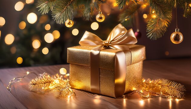 Cadeau De Noel Dore Sous Le Sapin Ambiance Festive Et Magique