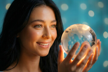 Naklejka premium Beautiful smiling young woman holding a glowing glass globe of the earth in her hands representing global connection environmental care and future vision