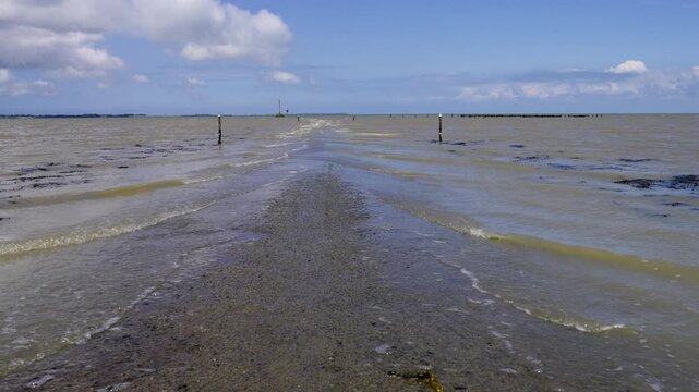 Passage du Gois, France. Street flooded with water. France.