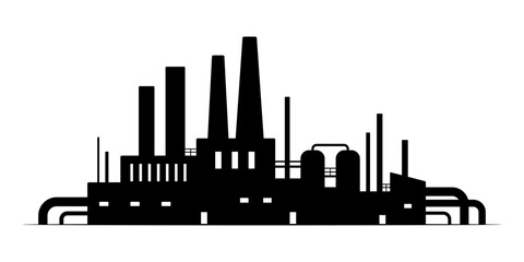 Obraz premium Industrial plant icon. Factory. Black silhouette. Front and side view. Vector simple flat graphic illustration. Isolated object on a white background.
