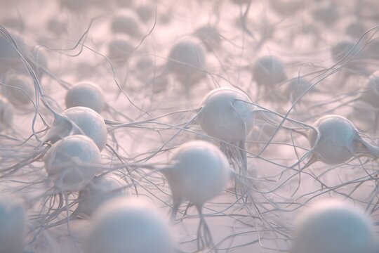 Soft translucent spheres connected by thin filaments, organic neural or cellular network visualized as a pale pink 3D structure representing biological connections and data flow