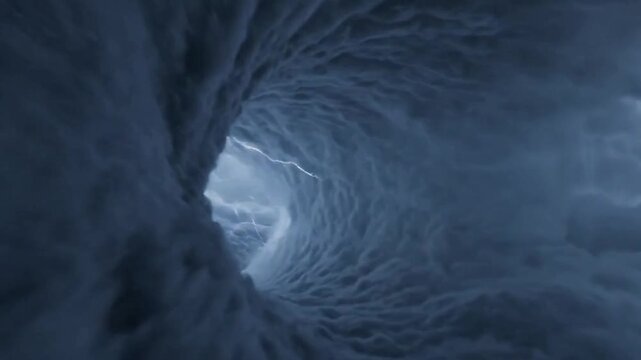 A mesmerizing abstract cloud tunnel, leading the viewer into a surreal vortex, showcasing the beauty and complexity of natural atmospheric formations. drone flying perspective