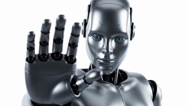 A futuristic robot with a metallic finish, its hand outstretched in a gesture of stopping or warning, looks towards the camera with a sense of determination. on white background