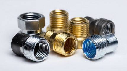 Assorted metal plumbing connectors arranged artistically on white background, brass and steel finishes, reflective surfaces with soft shadowing, high-detail industrial realism