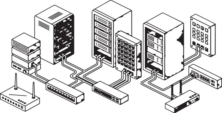 Illustration of a network of servers and computers connected through cables