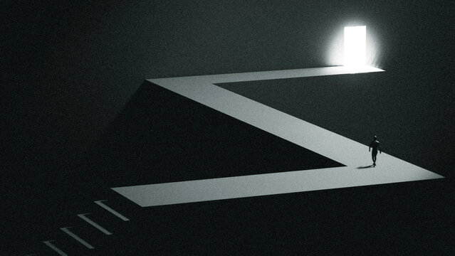 man walking on zigzag path to glowing door, maze choice concept, minimalist surreal scene