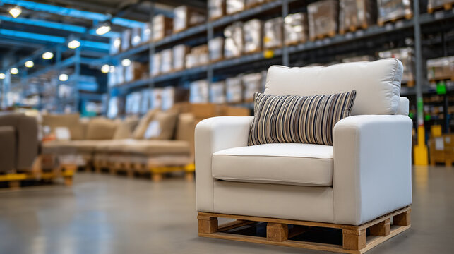 Close-up of an armchair on a pallet in a warehouse, other furniture blurred in the background, tidy stacking and organized storage, efficient inventory management for household ite