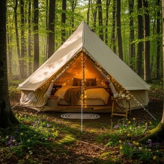 Cozy bell tent nestled in a serene forest with warm lighting inside