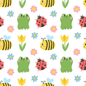 Cute seamless pattern with frog, ladybug, bee and flowers.
