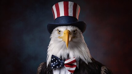 bald eagle in a top hat in the colors of the american flag with bow tie