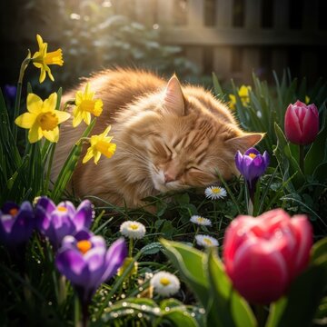 Peaceful ginger cat sleeping among vibrant spring flowers in the garden
