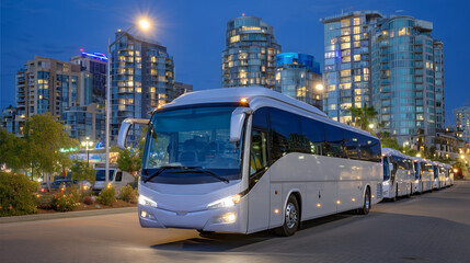 Fototapeta premium Wide-angle shot of a fleet of modern tour buses parked in a row, glossy paint reflecting city lights, large windows gleaming, urban skyline in the background, ready for passengers