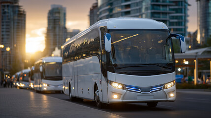 Fototapeta premium Perspective view of multiple sleek tour buses lined up, polished surfaces reflecting morning sunlight, doors open, ready for passengers, modern city street in background, urban tra