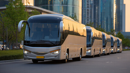 Fototapeta premium Diagonal perspective of multiple modern tour buses in a row, polished exteriors with metallic sheen, doors open for boarding, early morning sunlight reflecting on windshields, orga