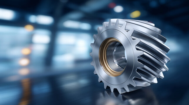 Macro shot of bevel gear teeth meshing on a test stand, reflections on metallic surfaces, cool blue and gray tones, precision measurement instruments in soft focus, engineering exc