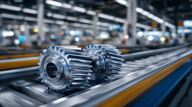 Perspective view of an industrial bevel gear assembly on a test bench, polished steel gears interlocked, blue-gray color palette, high-detail mechanical engineering, modern manufac