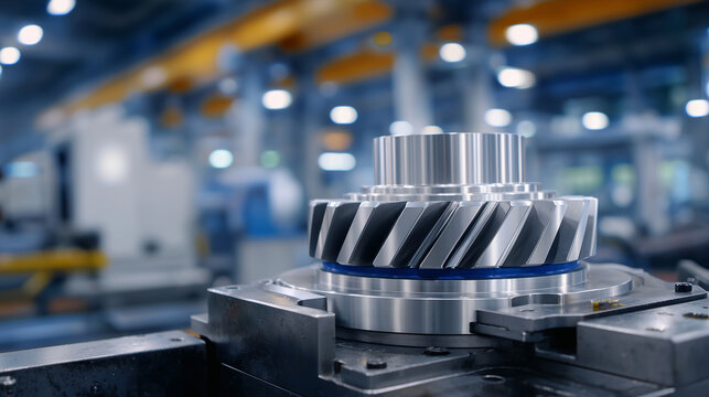 Close-up of bevel gears mounted on a precision test stand, metallic surfaces gleaming in blue and gray lighting, industrial engineering environment, detailed mechanical textures an