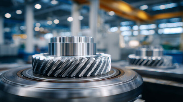 Macro shot of bevel gear teeth meshing on a test stand, reflections on metallic surfaces, cool blue and gray tones, precision measurement instruments in soft focus, engineering exc