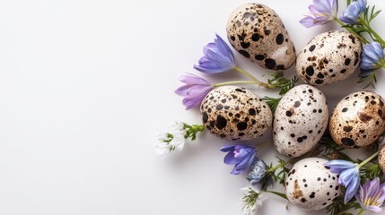 Obraz premium Quail eggs and purple flowers arrangement on white background.