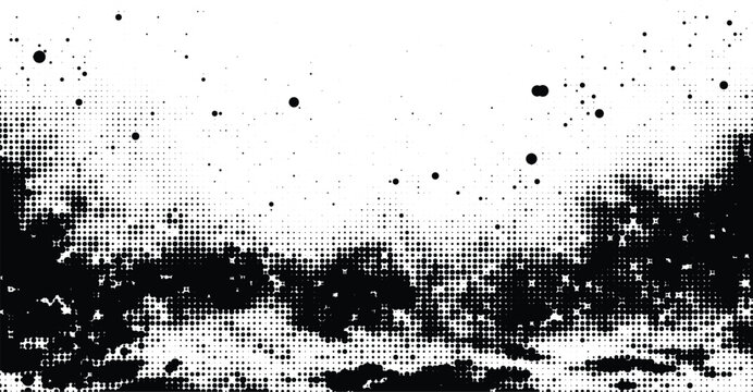 Abstract halftone texture with black dots and splatters overlaying transparent gray background