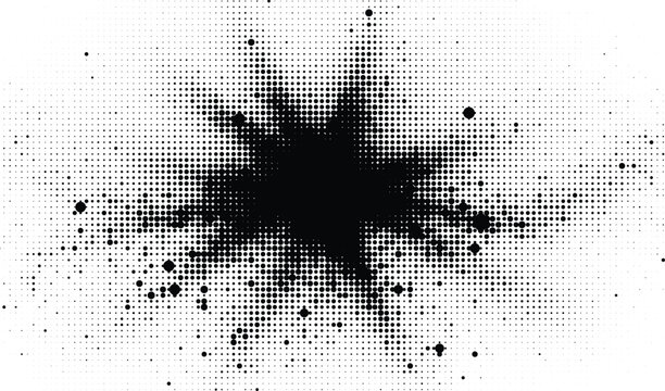 Black ink splash with halftone dots, abstract splatter explosion graphic, dynamic dark artistic background texture