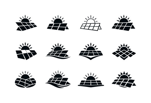 Solar power plants. Icon set. Set Logo of Solar power plants: photovoltaic cell pattern. harmonious logo variations of the same emblematic