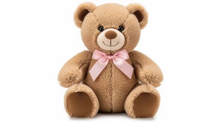 A soft, cuddly teddy bear with tan fur sits upright, featuring a friendly smile and black eyes. It wears a delicate pink ribbon bow around its neck. Perfect for gifts or nursery d&eacute;cor.