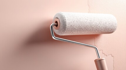 Obraz premium Paint roller is applying fresh coat of soft pink paint on wall, showcasing home improvement and interior design in a modern setting