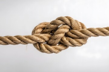 Fototapeta premium A tightly tied knot made of rough rope, emphasizing strength and connection. The knot is the focal point, suggesting unity and intricate craftsmanship. 
