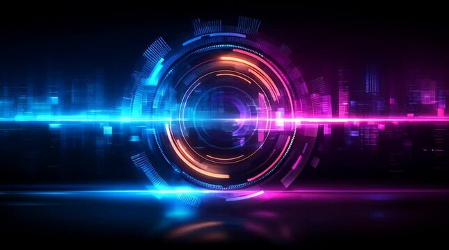 abstract futuristic ai technology background loop, colorful digital data visualization with copyspace, hightech holographic interface animation