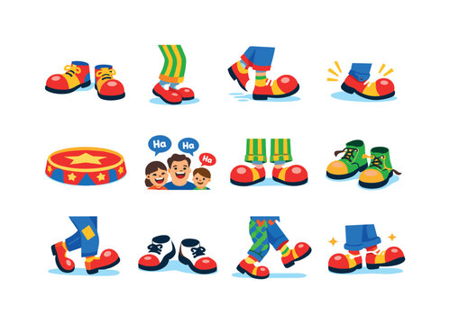 ClownPerformance. Colorful flat vector icons set of ClownPerformance: clown walking shoes, tiptoe clown pose, exaggerated step shoes, squeaky