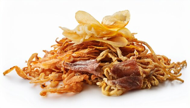 Beer Snack Made Of Dried Squid Dried Squid Isolated On White Background Dried Squid Shavings Small Fish Shrimp And Squid That Have Been Marinated With Salt And Dried