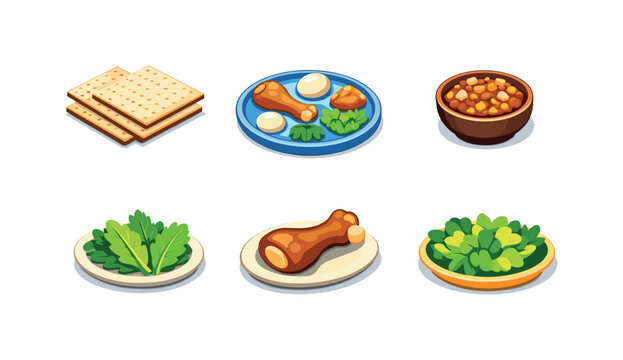 Passover meal. Isometric flat vector icons set of passover meal: matzah bread pieces, seder plate view, bowl of charoset, bitter herbs plate,