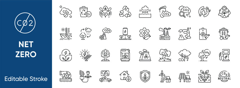 Net zero and carbon neutral line icons set including CO2 emission, global warming, carbon footprint, renewable green energy, and climate change symbols.