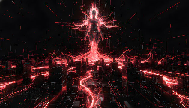 Retrato de entidad androide biomec&aacute;nica femenina, concepto de inteligencia artificial oscura y singularidad tecnol&oacute;gica, estilo cyberpunk con luces de ne&oacute;n rojas.