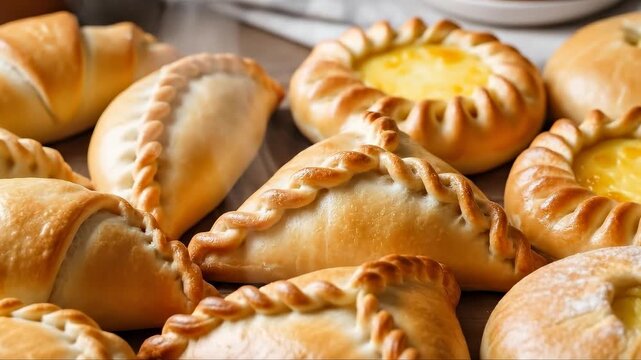 Freshly baked assorted pastries in warm kitchen ambiance with soft golden crusts