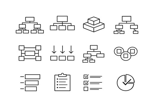 Work Breakdown Icons. Work breakdown structure. Line icon set of Work breakdown structure: project tree, parent task, child tasks, layered blocks, task