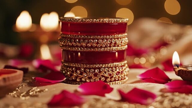 Elegant bangles on decorative table with rose petals and lit candles, creating a festive atmosphere for special occasions. Bangles symbolize celebration and beauty,