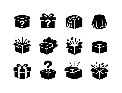 Mystery gifts. Solid icon set of Mystery gifts: unknown box, question mark gift, sealed package, secret present, surprise reveal, hidden