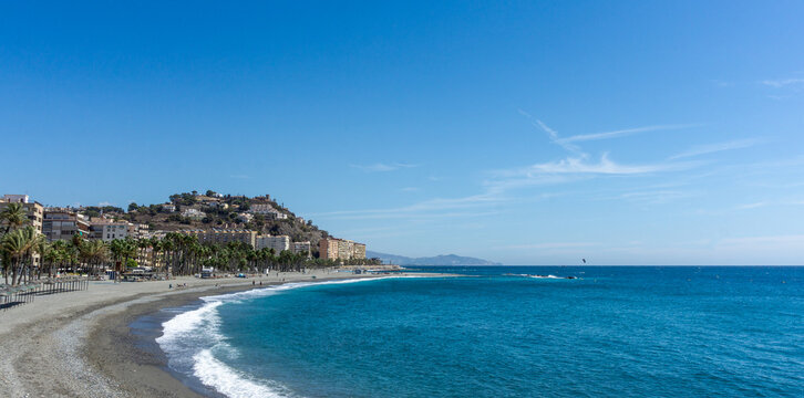 Panoramic View of the Stunning Coastline in Almunecar Spain with the Mediterranean Sea and Beautiful Cityscape along the Costa Tropical