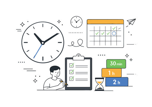 Time management system. Curated set of clocks, calendars, checklists, and blocks arranged into a cohesive visual framework. Modern editorial