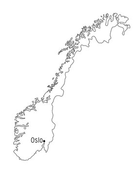 Norway nordic country map detailed accurate border line with numerous islands hand drawn outline vector illustration, blank template with Oslo capital city for design, educational purposes