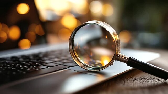 Magnifying glass on computer keyboard closeup, technology search background, shallow depth field, blurred colors inside, investigation concept visualization, defocused workspace su