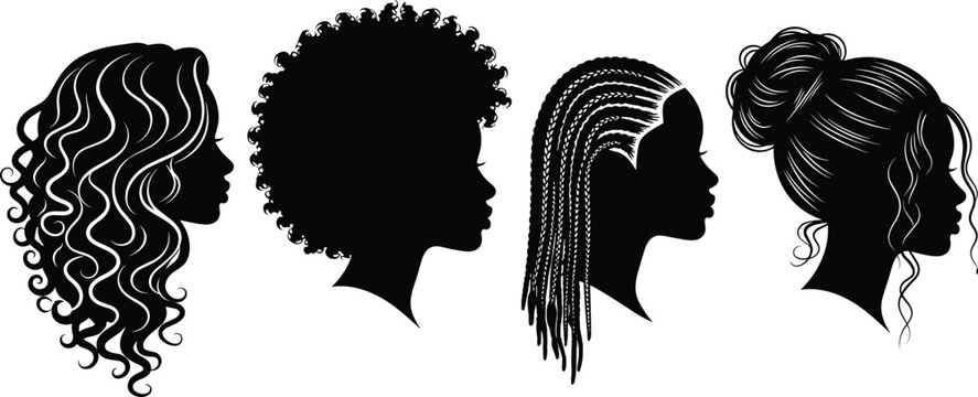Black and White Vector Illustration Set of African American Women Profile Silhouettes with Diverse Natural Hairstyles Including Braids Afro Curls and Bun Hair