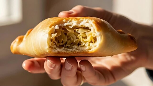 Hands presenting freshly baked bread roll with cabbage filling in sunlit kitchen