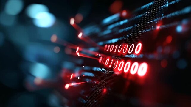 Computer screen display error message visualization, red black digital binary code, spyware problems malicious software, hacker concept danger, cyber world threat, defocused screen